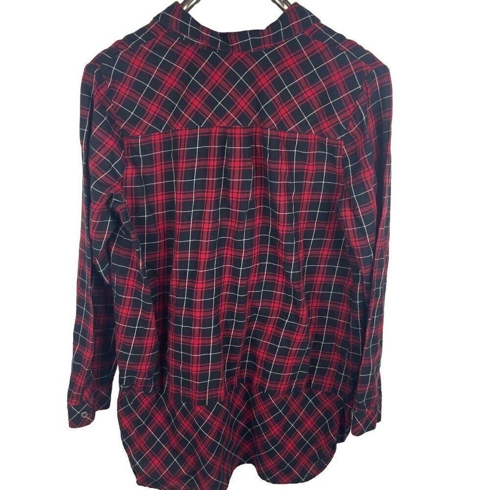 J. Jill Red Black Checkered Long Line Flannel‎ Button Up Shirt Size M - Picture 2 of 8